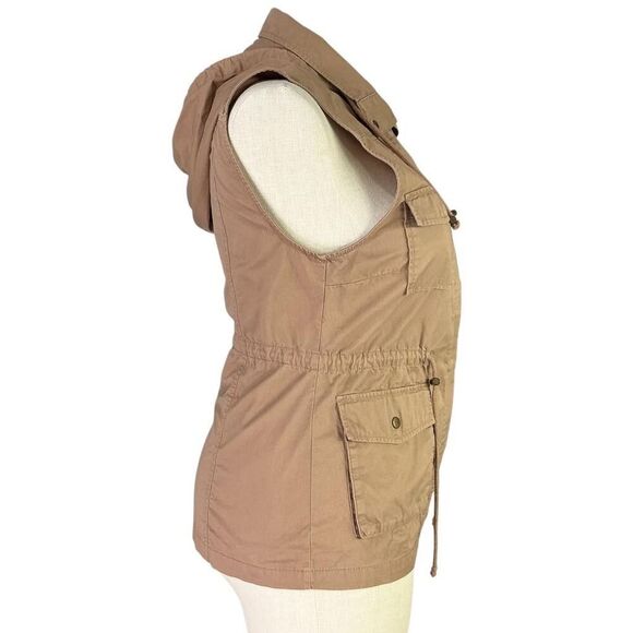 Love Tree Utility Vest Womens L Brown Cotton Cargo Pockets Snaps Hood Sleeveless - Picture 5 of 8